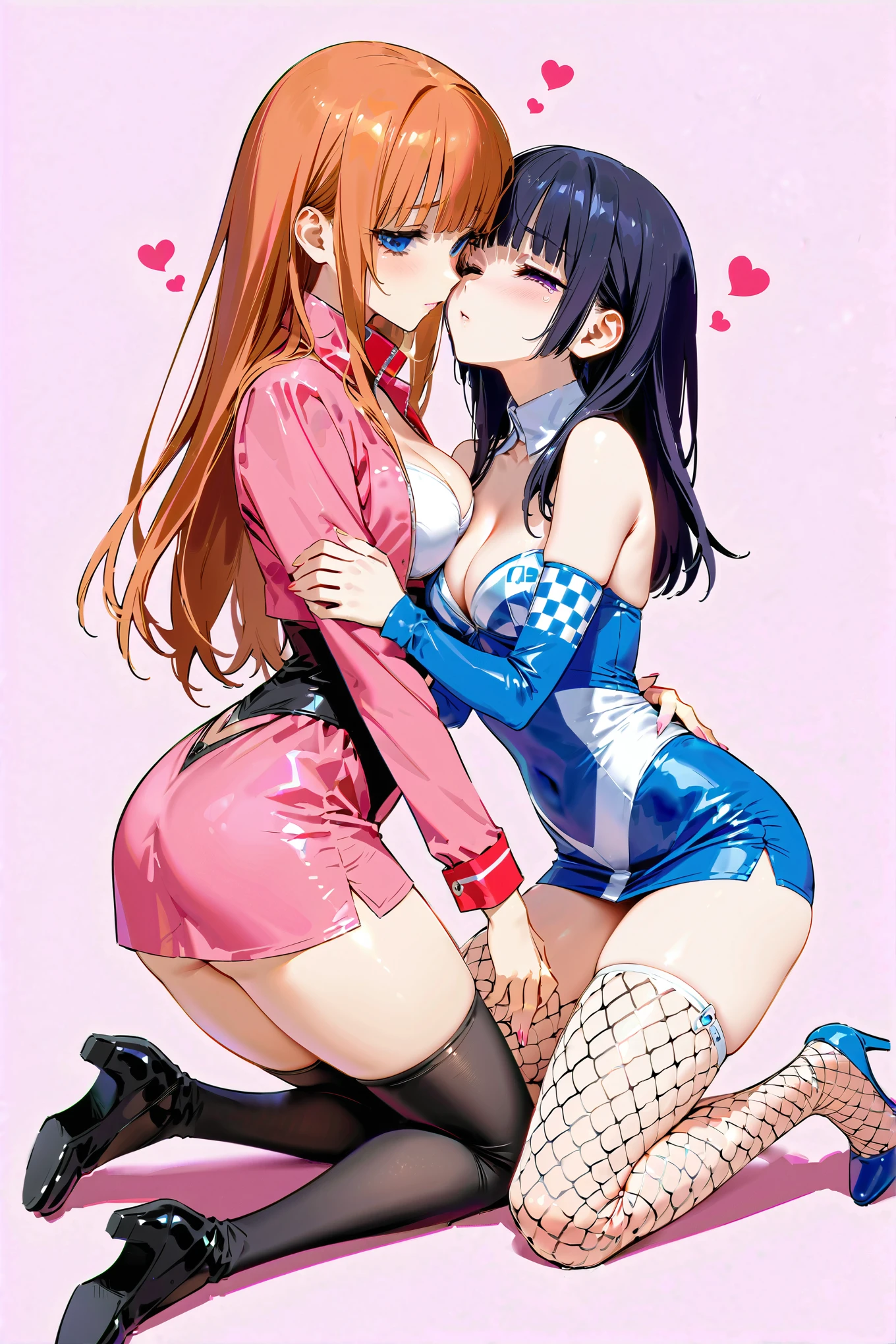 Two mature women hugging and kissing while crying in fear, Race Queen Costume, Fishnet stockings、kneeling, simple background、heart