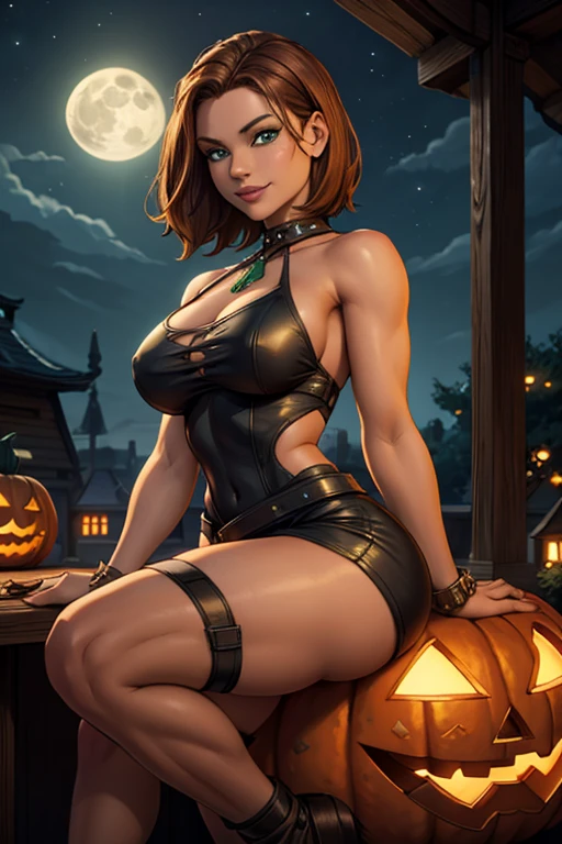 Jo-Beth, young girl, beautiful girl sitting on a giant helloween pumpkin, wearing short revealing leather dress, ,, beautiful detail eyes, beautiful detail lips, beautiful detail nose, brown hair, green eyes, round breasts, slim waist, wide hips, thighs,, outdoors, night time, full moon, looking at the viewer, seductive smile