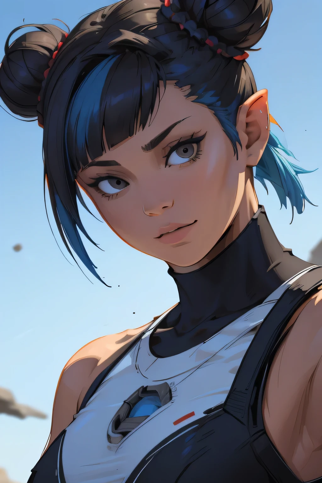 there is a woman with blue hair taking a selfie, short blue hair, with blue hair, blue short hair, short blue hair!!!, messy blue hair, halfbody headshot, blue hairs, blue hair, short blue haired woman, chloe price, sky blue highlights in hair, cyberpunk dyed haircut, flowing blue hair, brown hair with light blue ends, blue and black, LAUFEN, SHORT HAIR, DOUBLE BUN, BLUNT BANGS, Laofen, brown hair, double bun, brown eyes, hair_ornament, andando em um campo com coelinhos em sua volta