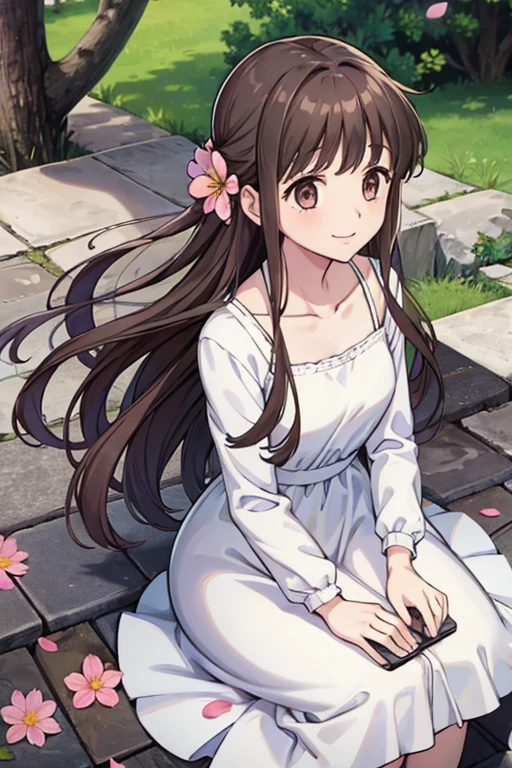 1girl, solo, hondatohru, white dress, dress, park, collarbone, long sleeves, clear sky, flower, flowers, petals, smile,