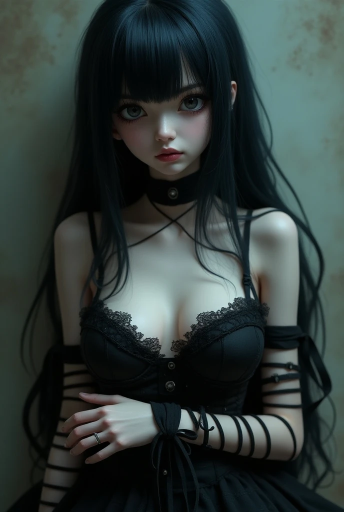Baby Face　Tie your hands and feet behind your back　beauty　Big Breasts　Gothicta&#39;s dress opens to reveal her nipples　Pussy　length, Almost Blue, Black hair as motionless as a Kokeshi doll　Bangs are aligned in a straight line　Mature person　On the bed