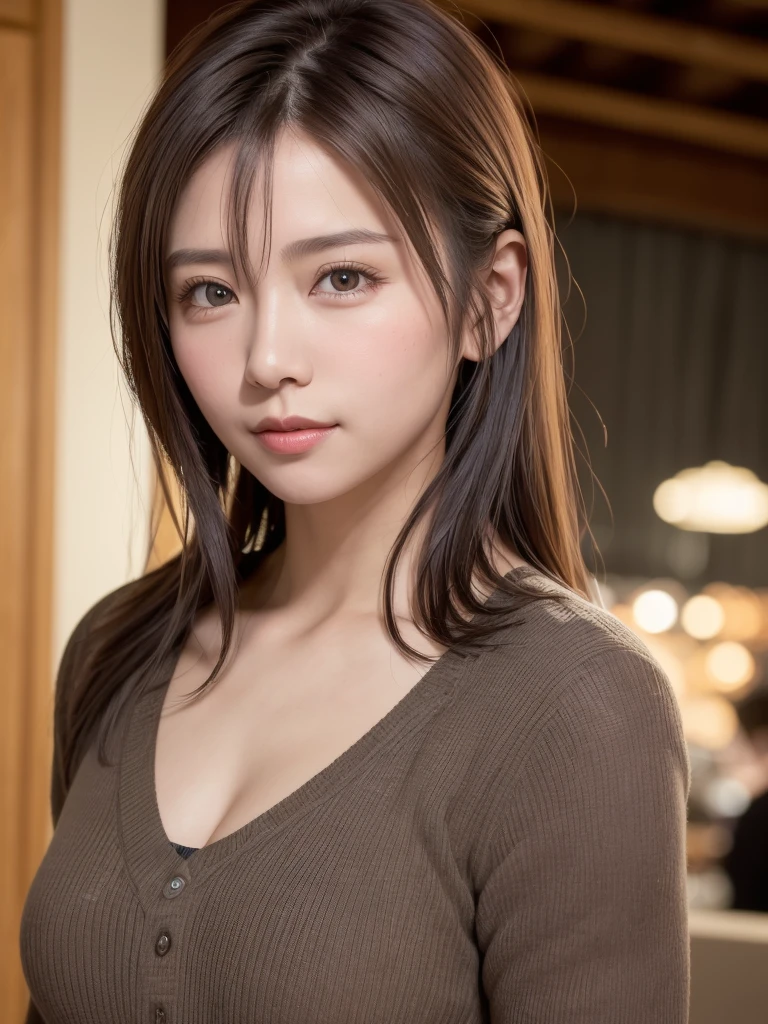 natta, Raw photography, (((Very beautiful portrait))), ((glistning skin)), 1girl in, Sexy 2 girl, Cafe Clerk、((Sauvage's natural brown hair)), Gentle smile staring at the camera, ((​masterpiece, top-quality, ultra-detailliert, ciinematic light, intricate detailes, hight resolution, 8K, ighly detailed)), detailedbackground, 8KUHD, Digital SLR, Soft lighting, hightquality, film grains, FujifilmXT3, Shallow depth of field, natural soft light、face perfect