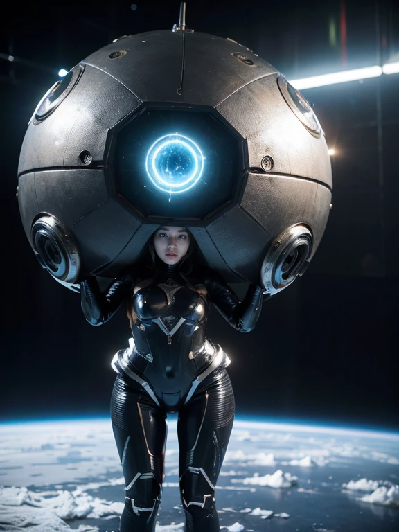 (RAW photo, Best Quality), (Realistic,  photorealistic :1.3),  1 girl、Full body photography、Realisticbody、metallic blue combat suit 、 a pyramid-shaped spacecraft that came from outer space 、 countless laser beams 、Tron、Aurora、meteorite