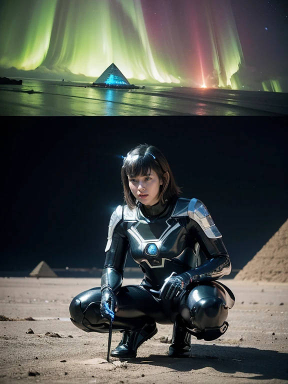 (RAW photo, Best Quality), (Realistic,  photorealistic :1.3),  1 girl、Full body photography、Realisticbody、metallic blue combat suit 、 a pyramid-shaped spacecraft that came from outer space 、 countless laser beams 、Tron、Aurora、meteorite