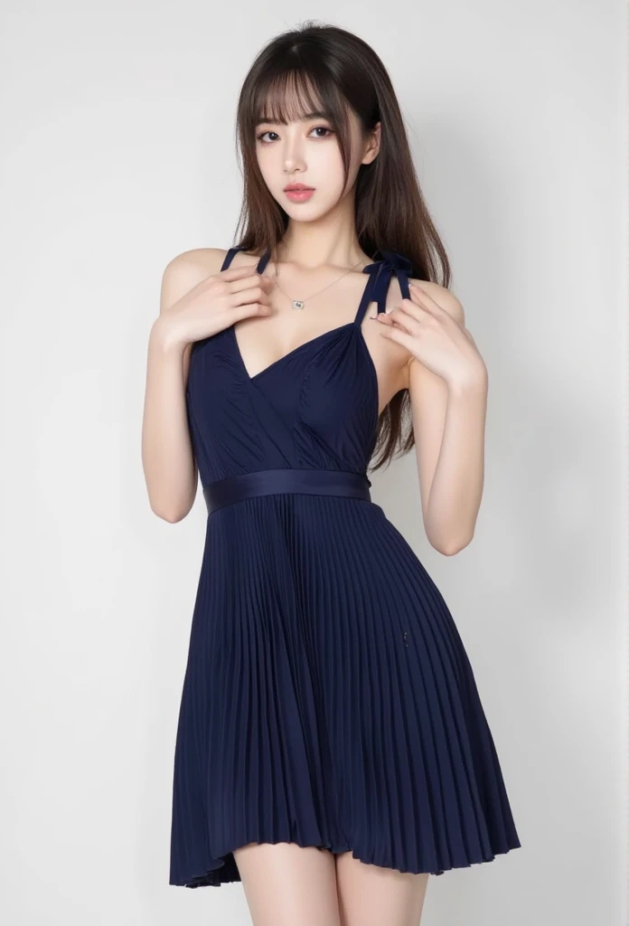 Beautiful stylist Young woman  , Slander Legs  , Korean actress face, long legs, detailed face ,     beautiful eyes ink art ,  Beautiful Lips  , Navy-colored tank top style pleated dress with no sleeves, wrap-style ribbons tied to the left side of the hedge. The dress has a distinctive pleated design, which means it falls into soft pleats from waist to hem. The skirt is length up to thighs