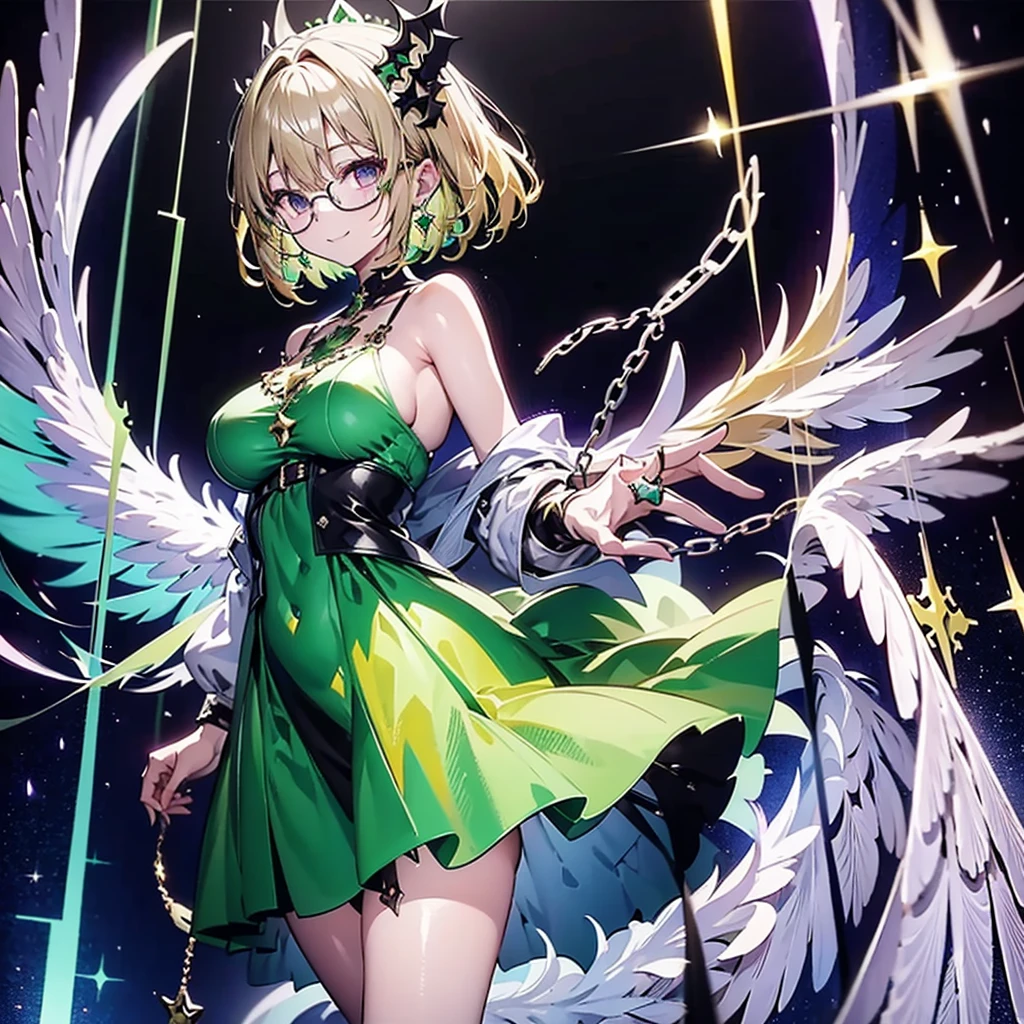  stand in front of green stained glass、Blonde 1.4、Strung silver chains 1 .3、black rimmed glasses 1.3、 smile with closed mouth、long green battle dress、medium height 