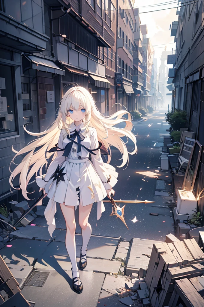 "A highly detailed anime-style illustration of a platinum blonde girl with intense expression, holding a magical staff and using it to smash a road. The impact creates cracks and large holes in the road surface, with debris flying around. The girl stands confidently amid the destruction, with her hair flowing slightly from the force. The background has urban elements, showing parts of buildings and street signs affected by the damage. Dynamic action lighting enhances the intense atmosphere