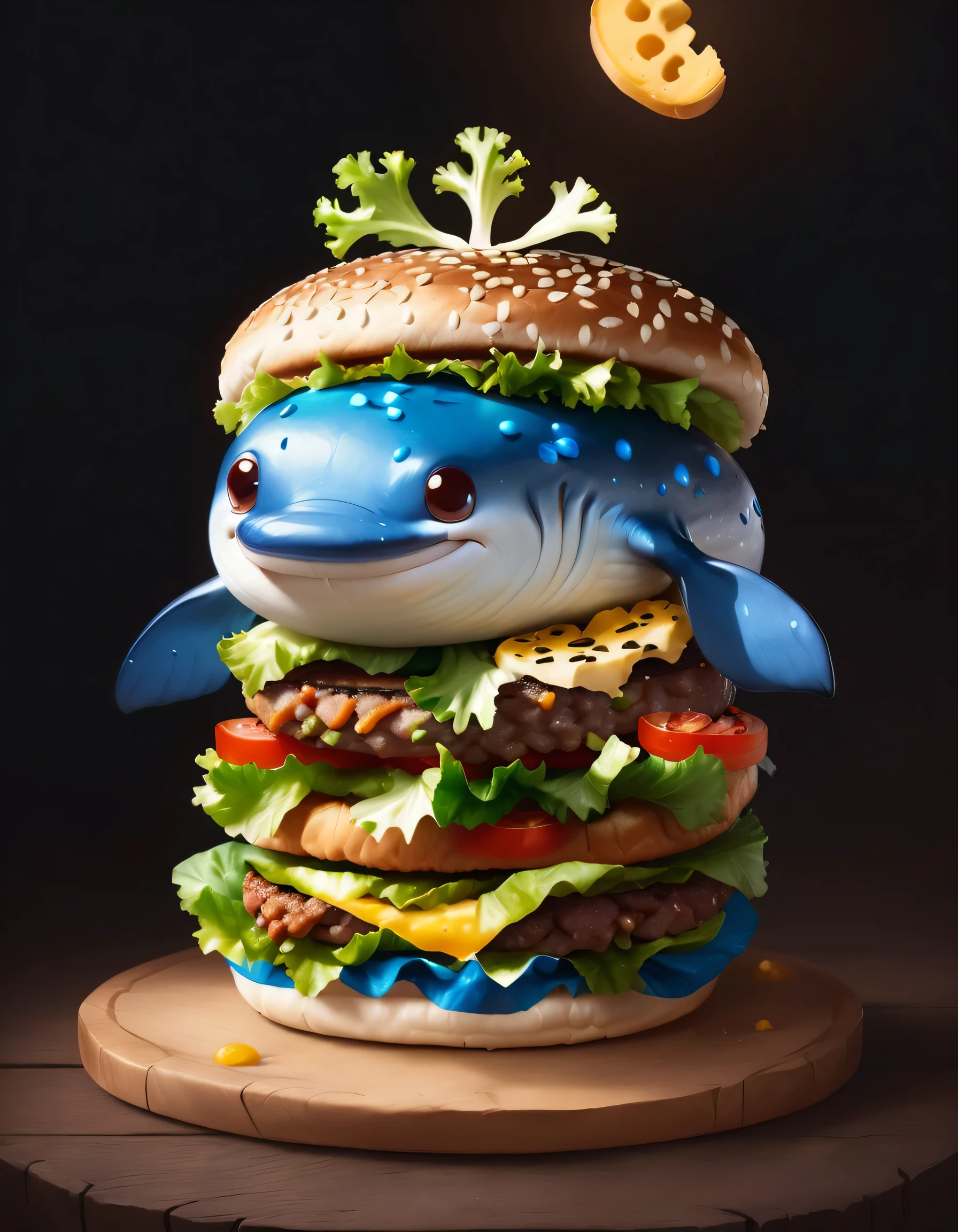 Very cute and attractive anthropomorphic Blue Whale burger, Splatted Cheese，Vegetable beef, Dessert shop background，kawaii, looking at viewert, , insanely details, Fine details, Cinematic lighting, Fantasy art, Dynamic composition, epic realistic, Award-winning food pet illustration