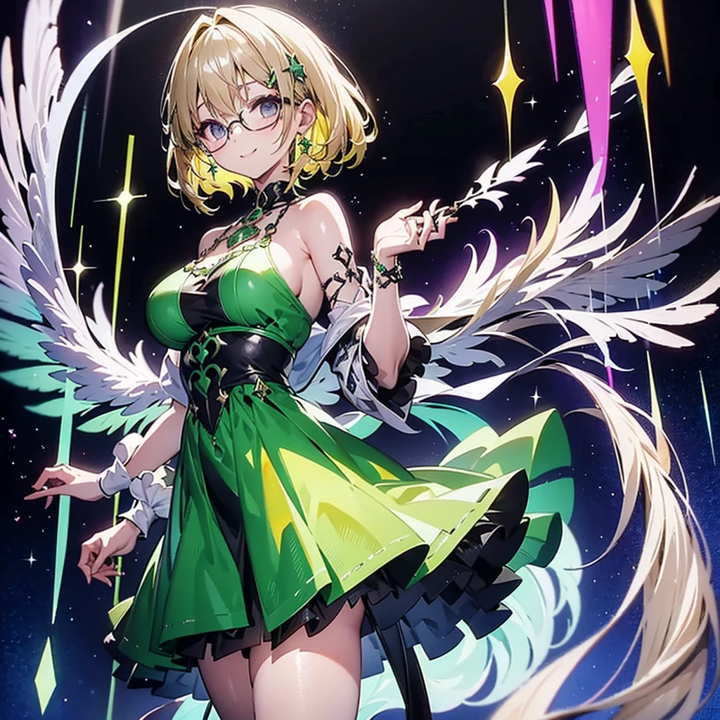  stand in front of green stained glass、blonde1.8、Strung silver chains 1 .3、black rimmed glasses 1.3、 smile with closed mouth、long green battle dress、medium height 