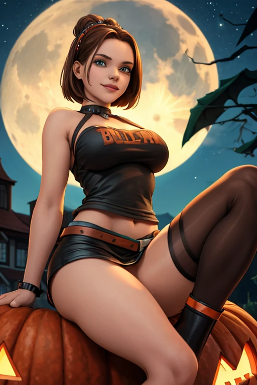 Jo-Beth, young girl, beautiful girl sitting on a giant helloween pumpkin, wearing short revealing leather dress, ,, beautiful detail eyes, beautiful detail lips, beautiful detail nose, brown hair, green eyes, round breasts, slim waist, wide hips, thighs,, outdoors, night time, full moon, looking at the viewer, seductive smile