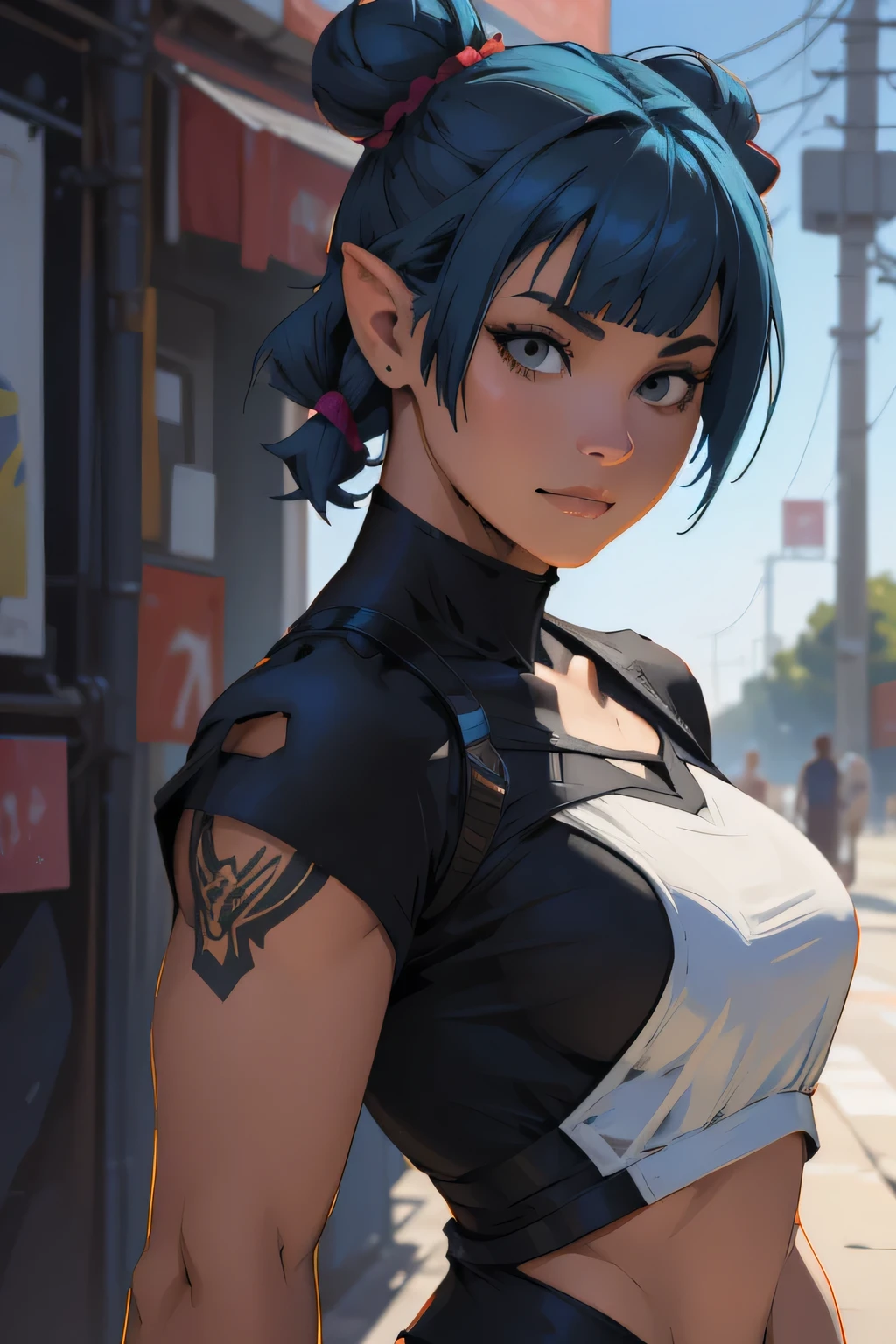 there is a woman with blue hair taking a selfie, short blue hair, with blue hair, blue short hair, short blue hair!!!, messy blue hair, halfbody headshot, blue hairs, blue hair, short blue haired woman, chloe price, sky blue highlights in hair, cyberpunk dyed haircut, flowing blue hair, brown hair with light blue ends, blue and black, LAUFEN, SHORT HAIR, DOUBLE BUN, BLUNT BANGS, Laofen, brown hair, double bun, brown eyes, hair_ornament, andando em um campo com coelinhos em sua volta
