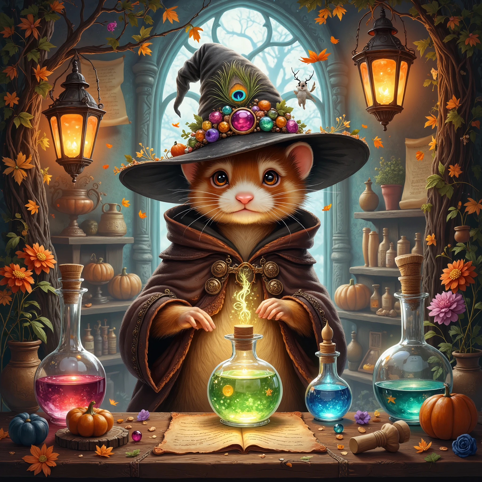 Amidst autumn’s embrace where foliage and whispers intertwine, lies the hidden nook of an inquisitive ferret, an intrepid alchemist wrapped warmly in a cloak of deep, earthly brown. (Its eyes, curious and alert, shine like polished citrine stones) beneath a not-too-gently slanted wizard's hat adorned with peacock feathers. The studio vibrates with an enigmatic aura, haunted softly by the energy of Halloween's mysterious revelry. Mirthful spirits frolic among ruby-tinted lanterns that line walls packed with parchment scrolls and a vast array of potion bottles infused with vivid concoctions that capture the impossible hues of dawn and dusk. Chartreuse, amethyst, and aquamarine liquids within dance to the tune of an unwritten spell. The ferret assembles reagents with nimble paws, crafting an elixir of joy that bursts into a myriad of colors, reflecting wild skies and the promise of laughter. There's a symphony of whispers—secrets translated by the eloquent whispers of a bard's unseen song. The boundaries between dreams and waking life blur into whirlpools of fantasy where time and space are no more than ephemeral accomplices in a dance of eternal laughter within the alchemist’s timeless atelier.
