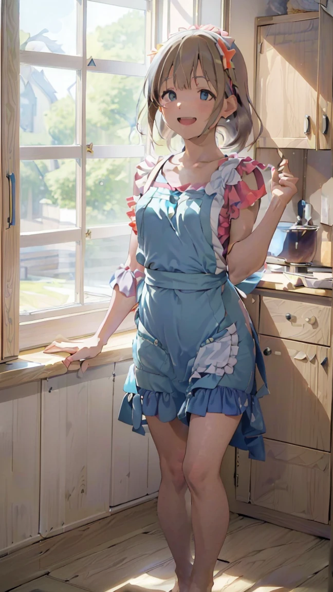 masterpiece, Best Quality,  high resolution,  very detailed,(((Serizawa Asahi ))), ((( naked apron))), (((Frills))), (((barefoot))), ((( waist apron ))), ((( stands in the distance))), (((Positive。))), (((indoor))), (((blue sky))), ((( is laughing。))), (((window))), (((Flooring))), (((kitchen)))