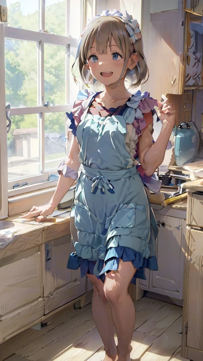 masterpiece, Best Quality,  high resolution,  very detailed,(((Serizawa Asahi ))), ((( naked apron))), (((Frills))), (((barefoot))), ((( waist apron ))), ((( stands in the distance))), (((Positive。))), (((indoor))), (((blue sky))), ((( is laughing。))), (((window))), (((Flooring))), (((kitchen)))