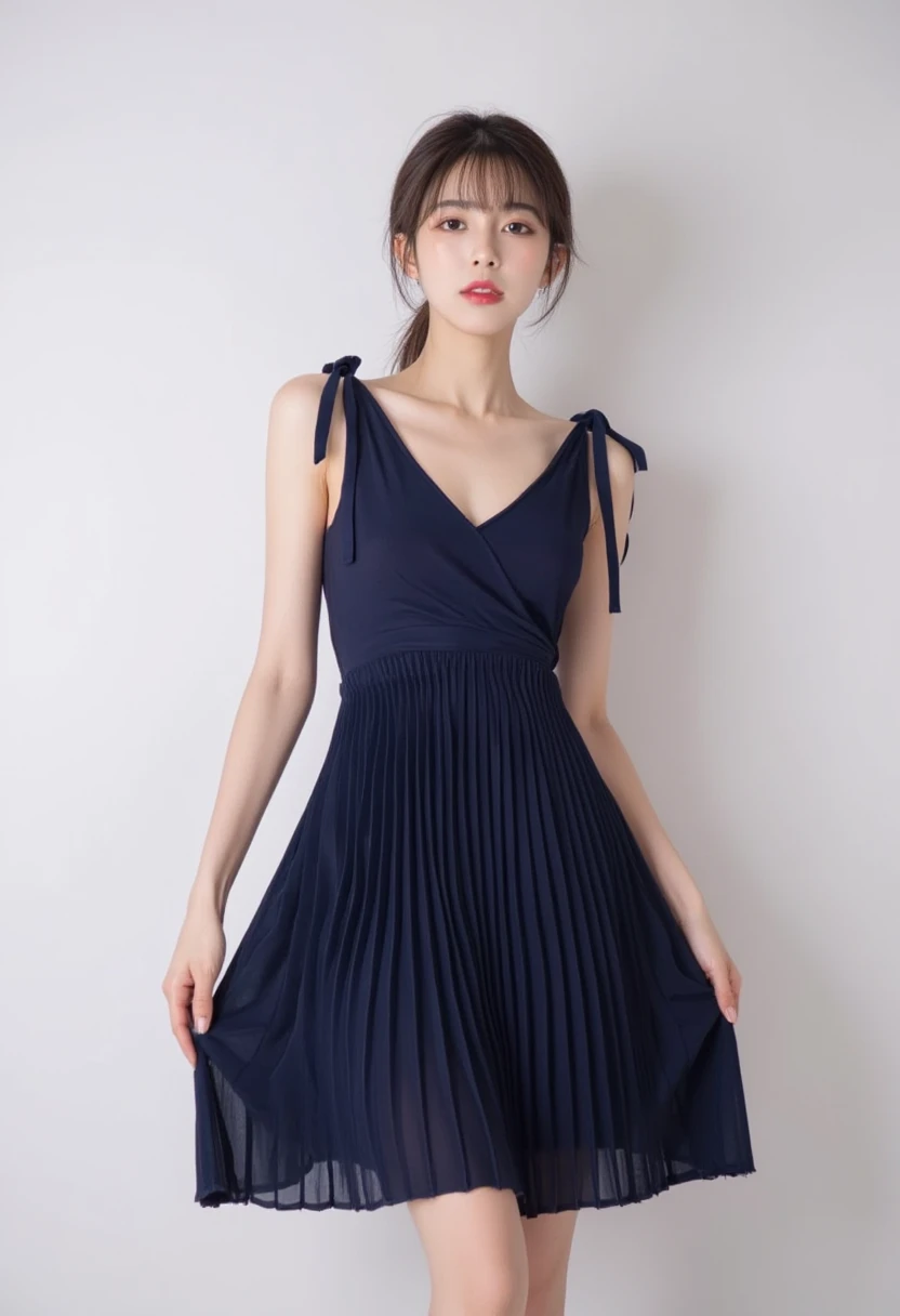 Beautiful stylist Young woman  , Slander Legs  , Korean actress face, long legs, detailed face ,     beautiful eyes ink art ,  Beautiful Lips  , Navy-colored tank top style pleated dress with no sleeves, wrap-style ribbons tied to the left side of the hedge. The dress has a distinctive pleated design, which means it falls into soft pleats from waist to hem. The skirt is length up to thighs