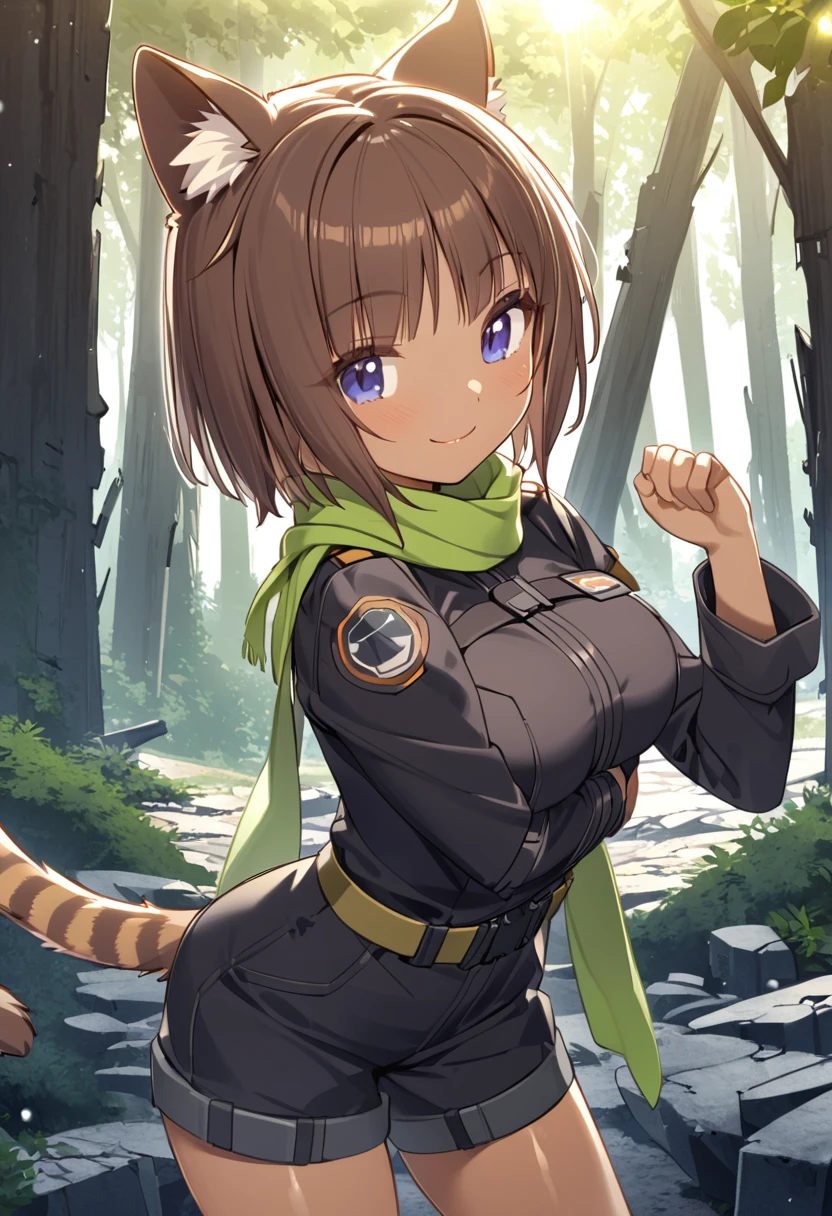 Best Quality、 one girl、ender body、Normal size breasts、Shiny brown hair、 short bob、Cat ears and tail、Dark blue eyes、Brown Skin、 Green Short Scarf、Expedition Outfit 、smile、 one girl、 Forest with Ruins 、 light shines in 