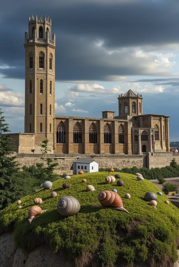 

“A highly detailed and ultra-realistic cinematic scene of the Seu Vella Cathedral situated on a tiny planet covered with various types of realistic snails. The planet’s surface is lush, green, and mossy, with snails of different colors and textures moving around. The Seu Vella Cathedral stands grandly at the center, with its Gothic architecture captured in intricate detail. The sky is vast and dramatic, with soft lighting enhancing the mystical atmosphere around the cathedral and the snails.”