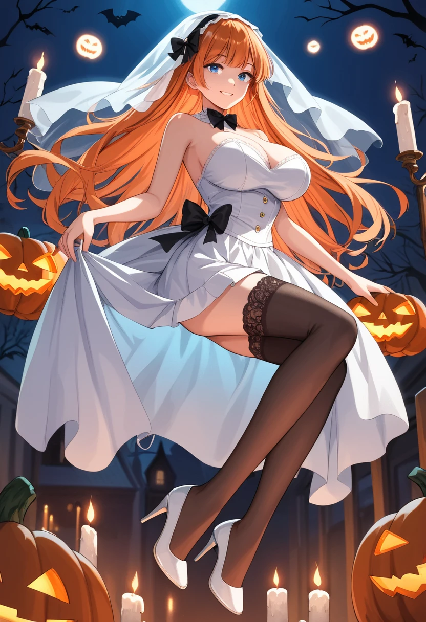 score_9, score_8, score_7, source_animated, 1mature_femenino, piel Blanca, Floating en el aire, smile, Looking at the public,  ghost costume , halloween, white veil, Floating, black bow on the neck, white skirt, sheer black lace stockings, white heels, orange hair,  very long hair, blue eyes,  big breasts , cementerio de halloween, pumpkin, bats, candles, perfect body,  Perfect Anatomy , erotic anatomy,  perfect arms , Perfect fingers,  Perfect legs , Perfect posture, Ambient light.