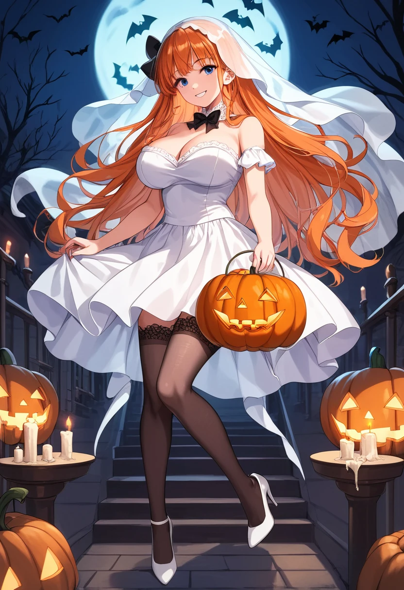 score_9, score_8, score_7, source_animated, 1mature_femenino, piel Blanca, Floating en el aire, smile, Looking at the public,  ghost costume , halloween, white veil, Floating, black bow on the neck, white skirt, sheer black lace stockings, white heels, orange hair,  very long hair, blue eyes,  big breasts , cementerio de halloween, pumpkin, bats, candles, perfect body,  Perfect Anatomy , erotic anatomy,  perfect arms , Perfect fingers,  Perfect legs , Perfect posture, Ambient light.