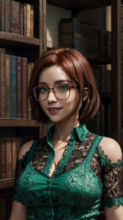  close-up,  upper body. Short, red hair, (green eyes:1.2),  glasses with metal frame , green blouse with buttons, (breast:0.7), smiling girl  . (masterpiece,  top quality,  Best quality,  official art ,  beautiful and aesthetic :1.2),  Extremely detailed ,( fractal art:1.2),Colorful,The most detailed, ( dynamic pose), (bookcase background :1.5), (lace:1.4). ((SPLIT. photorealism.  unreal engine .  Ultra high quality textures.  high detail .  8k resolution))