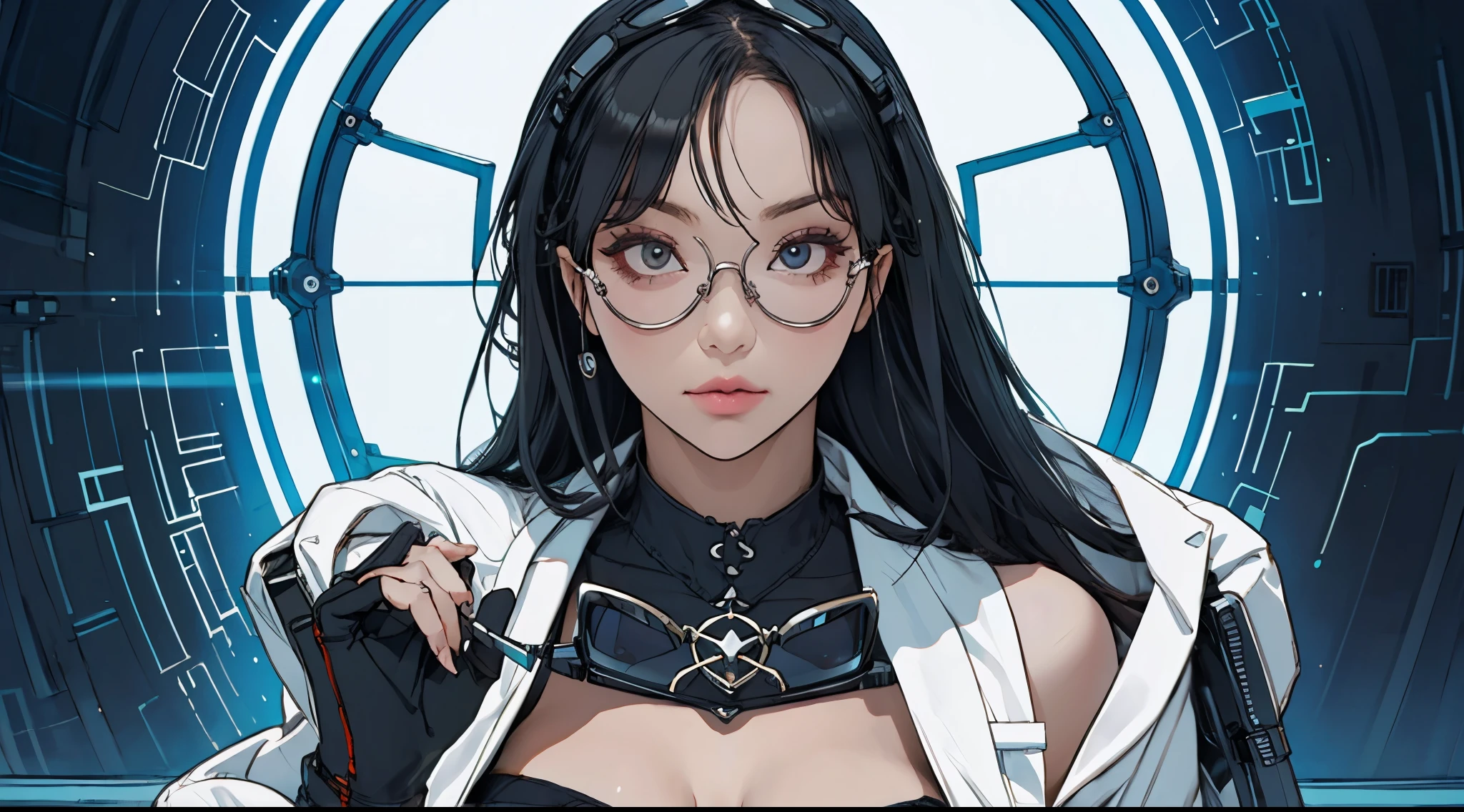 girl, (reinforced cyber eyewear:1.4), sunglasses, full reflective glasses, ambience lighting, long hair, shoulder guard, intricate design and pattern, huge breasts, detailed face, detailed eyes, beautiful, cinemitc lighting, high quality, straight hair, black hair, white lab coat, black stocking, photorealistic,