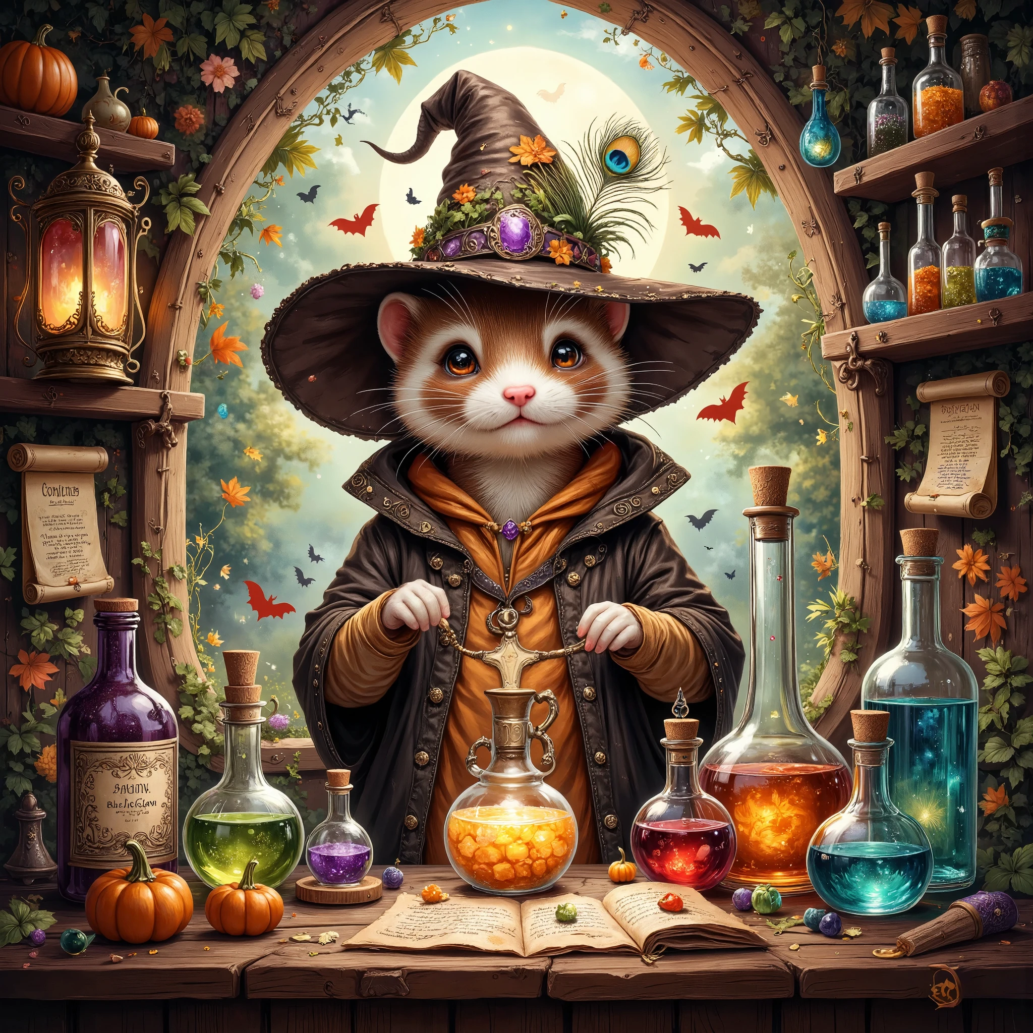 Amidst autumn’s embrace where foliage and whispers intertwine, lies the hidden nook of an inquisitive ferret, an intrepid alchemist wrapped warmly in a cloak of deep, earthly brown. (Its eyes, curious and alert, shine like polished citrine stones) beneath a not-too-gently slanted wizard's hat adorned with peacock feathers. The studio vibrates with an enigmatic aura, haunted softly by the energy of Halloween's mysterious revelry. Mirthful spirits frolic among ruby-tinted lanterns that line walls packed with parchment scrolls and a vast array of potion bottles infused with vivid concoctions that capture the impossible hues of dawn and dusk. Chartreuse, amethyst, and aquamarine liquids within dance to the tune of an unwritten spell. The ferret assembles reagents with nimble paws, crafting an elixir of joy that bursts into a myriad of colors, reflecting wild skies and the promise of laughter. There's a symphony of whispers—secrets translated by the eloquent whispers of a bard's unseen song. The boundaries between dreams and waking life blur into whirlpools of fantasy where time and space are no more than ephemeral accomplices in a dance of eternal laughter within the alchemist’s timeless atelier.