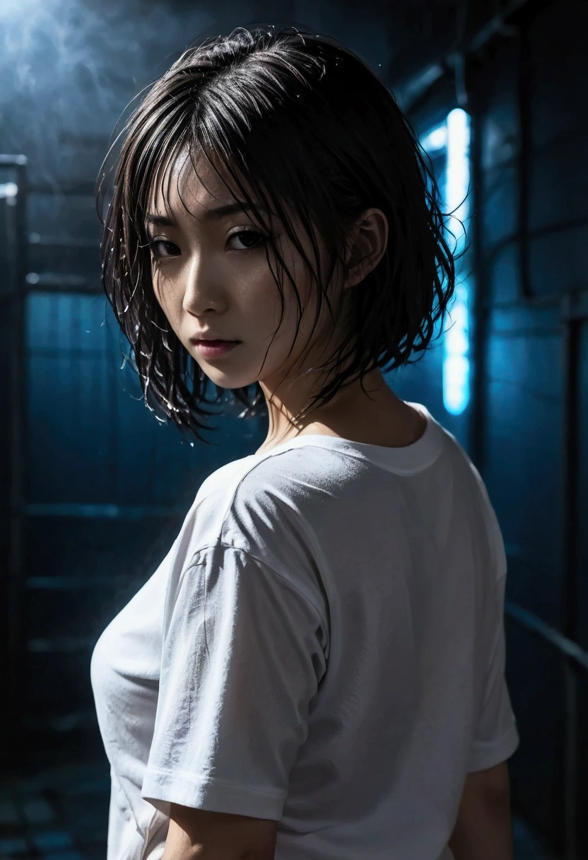 A cyberpunk style dark Silhouette image of a cool and sexy Japanese girl with neat wet hair and only tight wet white t-shirt, walking away, with dim light on a black background, using a limited color palette of black, white and dark blue
