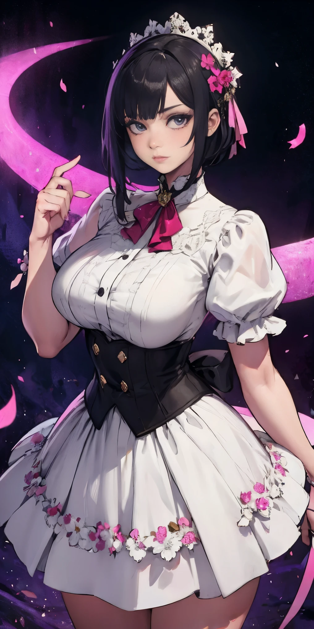 highest quality、Female 1,22 years old，All limbs、Perfect limbs、Accurate anatomy、Detailed depiction，Super beautiful woman，Slender beauty、short hair、Black Hair、Purple Eyes，Pink Cheeks,Beautiful Skin，White and purple idol costume、Dark purple panties、Knee-high socks、Beautiful big breasts、Exposed thighs，Live Stage、sing、Dancing、(Provocative smile)，The pink spotlight shines on her.