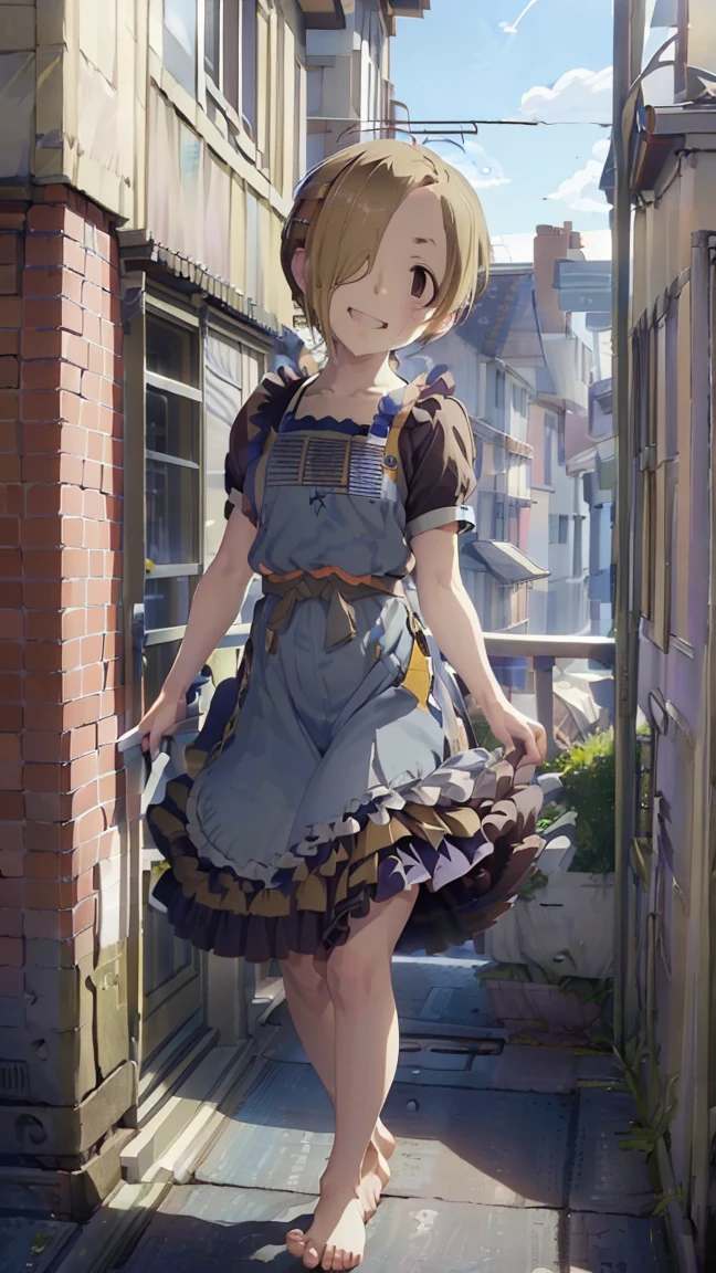 masterpiece, Best Quality,  high resolution,  very detailed,(((Shirasaka Koume))), ((( 1 girl))), (((solo))), (((Blonde))), (((Brown Hair))), ((( short hair))), (((Hair covering one eye))), ((( naked apron))), (((Frills))), (((barefoot))), ((( waist apron ))), ((( stands in the distance))), (((Positive。))), (((rooftop))), (((blue sky))), ((( is laughing。))), (((handrail))), (((Streetscape)))