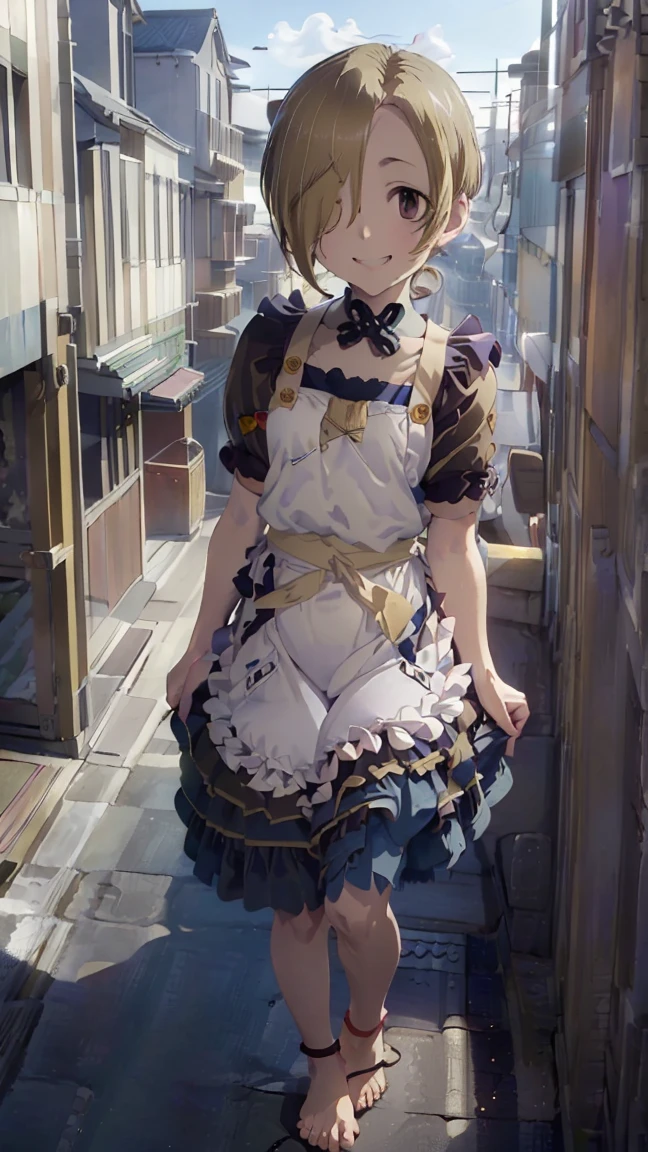 masterpiece, Best Quality,  high resolution,  very detailed,(((Shirasaka Koume))), ((( 1 girl))), (((solo))), (((Blonde))), (((Brown Hair))), ((( short hair))), (((Hair covering one eye))), ((( naked apron))), (((Frills))), (((barefoot))), ((( waist apron ))), ((( stands in the distance))), (((Positive。))), (((rooftop))), (((blue sky))), ((( is laughing。))), (((handrail))), (((Streetscape)))