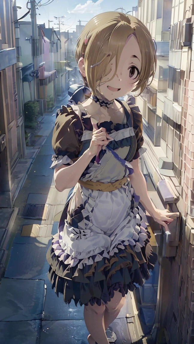 masterpiece, Best Quality,  high resolution,  very detailed,(((Shirasaka Koume))), ((( 1 girl))), (((solo))), (((Blonde))), (((Brown Hair))), ((( short hair))), (((Hair covering one eye))), ((( naked apron))), (((Frills))), (((barefoot))), ((( waist apron ))), ((( stands in the distance))), (((Positive。))), (((rooftop))), (((blue sky))), ((( is laughing。))), (((handrail))), (((Streetscape)))