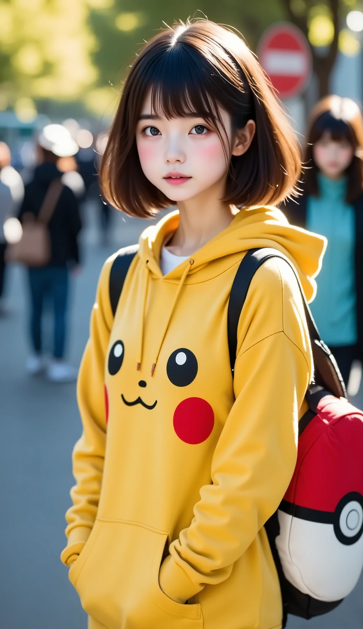 Best Quality、masterpiece、RAW photo、  film grain 、   Ultra High Definition 、 one girl playing pranks、  Pikachu Hoodie  、Pokémon Otaku   、 short bob、Brown Hair、  very cute face、  Girls walking around Akihabara   、   are looking for Pokémon with a keen eye  。、   Pokemon-inspired backpack &#39;Monster Ball、