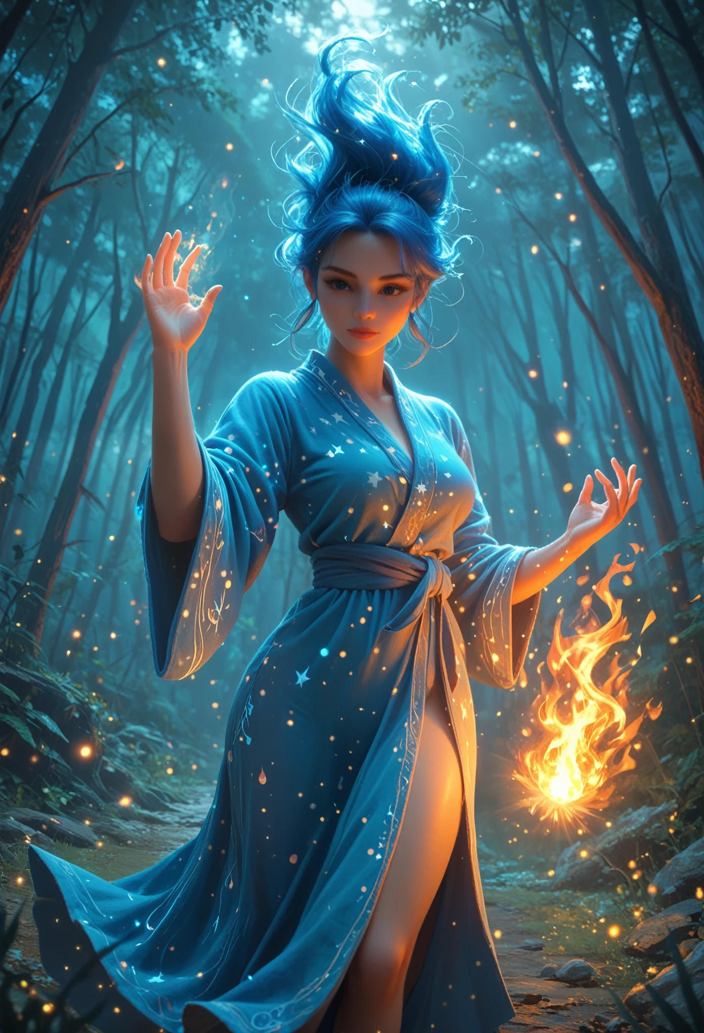 hkmagic, young woman, mature, Curvy,  Bright Blue Hair ,  Linen Robe ,  depicts Flames on it , raised hands,  draws a circle of magic symbols in the air, Night, Stars Bright , the forest,  Warm Moonlight , cinematic film still,score_9,score_8_up,score_7_up,masterpiece,best quality,8k,