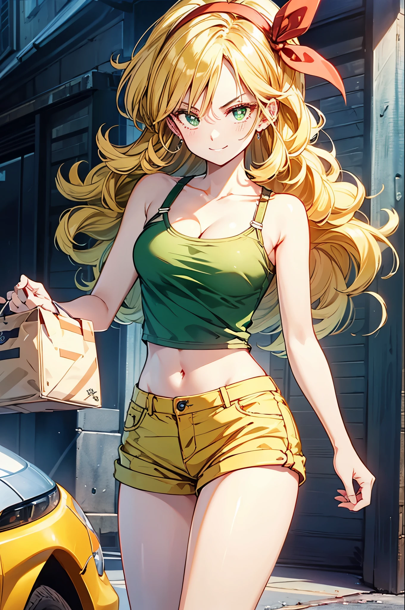 cowboy shot,Launch (Blonde Hair), blonde hair, long hair, ribbon, hair ribbon, smile, green eyes, curly hair, hairband, cleavage, breasts, medium breasts, (green tank top), midriff, crop top, yellow shorts, short shorts,masterpiece,Noise Reduction,perfect anatomy,high resolution, ultra-detailed, ultra-detailed face,game cg,dutch angle ,beautiful detailed eyes,visualart,five fingers, perfect hands, perfect lighting, sparkling pupils,