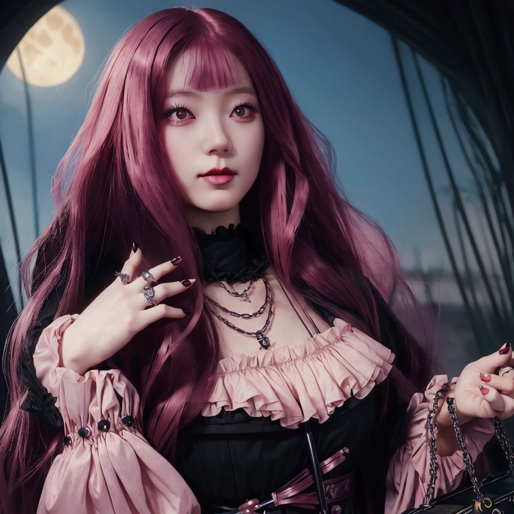 a close up of a woman with long pink hair and a handbag, gothic maiden anime girl, ulzzang, fashionable dark witch, anime girl with long hair, lovely dark autumn princess, retro and fantasy style, dark fantasy style, dreamy gothic girl, cruel korean goth girl, classical witch, beautiful witch with long hair, artwork in the style of guweiz