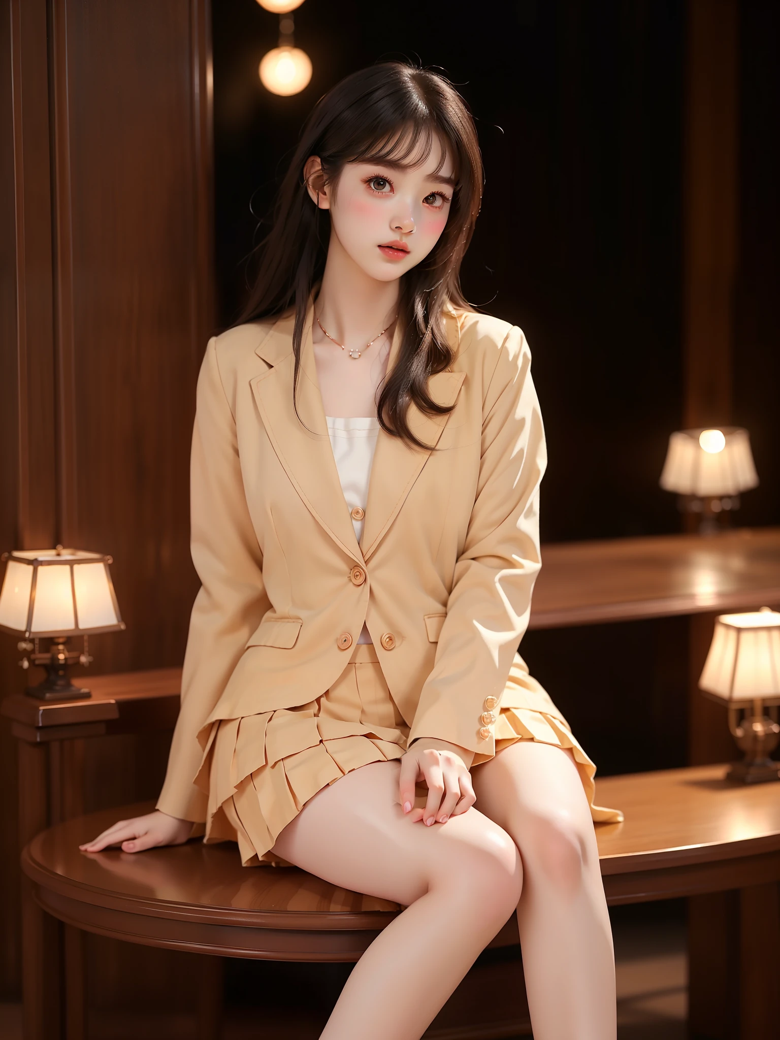 nogizaka_costume, (((Full body))), ((elegant seated posture:1.4)), (natural and relaxed pose:1.2), slightly bent knees, sitting with legs extended gracefully, showcasing gentle curves and refined elegance. ((Pleated skirt with a very short hemline)), accentuating an (S-curve pose:1.3). (Long, slender legs), smooth and proportionate, enhancing a ((perfect figure)) and a (plump chest) with a ((flawless body ratio)). The skin has a (soft, delicate texture:1.2), exuding grace and sophistication. Ambient lighting enhances a (night view:1.3) with a (galactic background:1.2) filled with (stars:1.3), nebulas, cosmic dust, and gentle starlight. The scene captures a cinematic composition with professional movie-style lighting, shallow depth of field, and rendered in stunning 8k quality, a true masterpiece of professional photography.