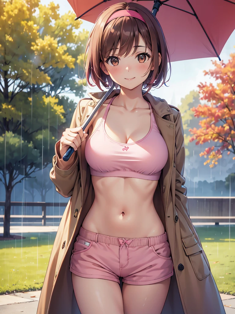  high resolution,cute, Brown Eyes ,Brown Hair,20-year-old woman,solo,Five beautiful fingers, pink sports bra , pink shorts,I'm wearing a pink hair band,smile,B Cup, short hair, looking at the camera ,Blurred Background,morning,Autumn park, long coat ,rain,Holding an umbrella,