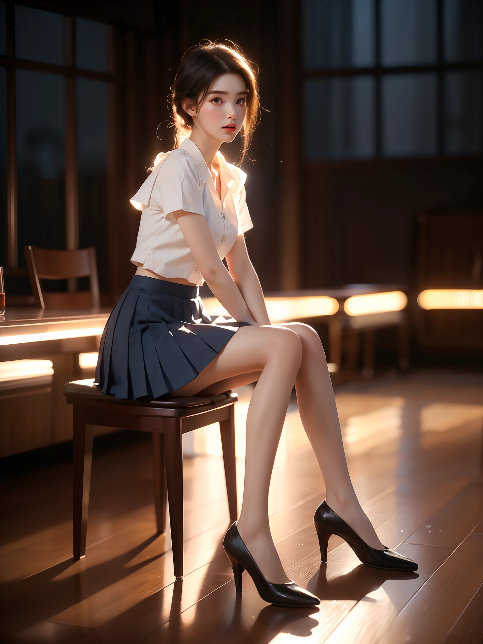 school uniform, short sleeves, white shirt, blue skirt, red bowtie, pantyhose (((Full body))), ((elegant seated posture:1.4)), (natural and relaxed pose:1.2), slightly bent knees, sitting with legs extended gracefully, showcasing gentle curves and refined elegance. ((Pleated skirt with a very short hemline)), accentuating an (S-curve pose:1.3). (Long, slender legs), smooth and proportionate, enhancing a ((perfect figure)) and a (plump chest) with a ((flawless body ratio)). The skin has a (soft, delicate texture:1.2), exuding grace and sophistication. Ambient lighting enhances a (night view:1.3) with a (galactic background:1.2) filled with (stars:1.3), nebulas, cosmic dust, and gentle starlight. The scene captures a cinematic composition with professional movie-style lighting, shallow depth of field, and rendered in stunning 8k quality, a true masterpiece of professional photography.