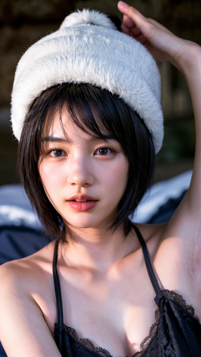 ((Petite women,  sensual woman,  no makeup in the coal mine, 柔らかい笑face, In the bedroom)), (((Small eyes, length, Narrow eyes,  Black Hair ,  short bob hair))), ( full body portrait,  short hair,  small breasts, Completely naked,  protruding nipples , Thick pubic hair),  white skin, Glossy pale lips, skinny, Body Type,  delicate and sexy collarbone, Best Quality, RAW photo, Realistic, face,  so beautiful, cute, Written border depth,  high resolution, 超 Details,  Details, Very  Details, extremely  Details eye and face, Sharp pupils,  sharp concentration,  movie lighting 