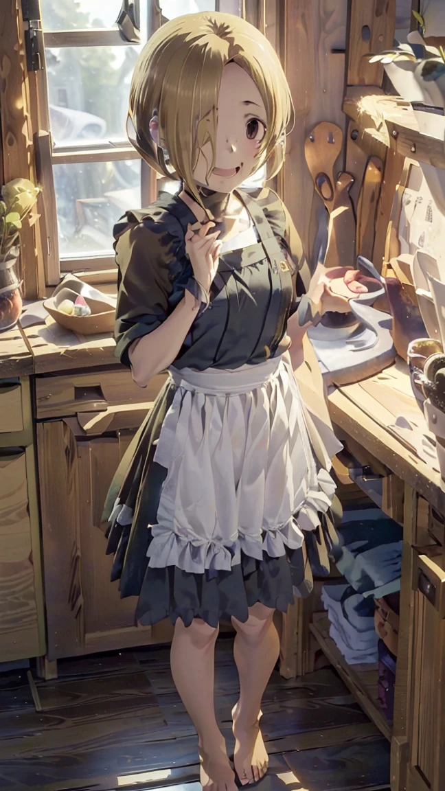 masterpiece, Best Quality,  high resolution,  very detailed,(((Shirasaka Koume))), ((( 1 girl))), (((solo))), (((Blonde))), (((Brown Hair))), ((( short hair))), (((Hair covering one eye))), ((( naked apron))), (((Frills))), (((barefoot))), ((( waist apron ))), ((( stands in the distance))), (((Positive。))), (((indoor))), (((blue sky))), ((( is laughing。))), (((window))), (((Flooring))), (((kitchen)))