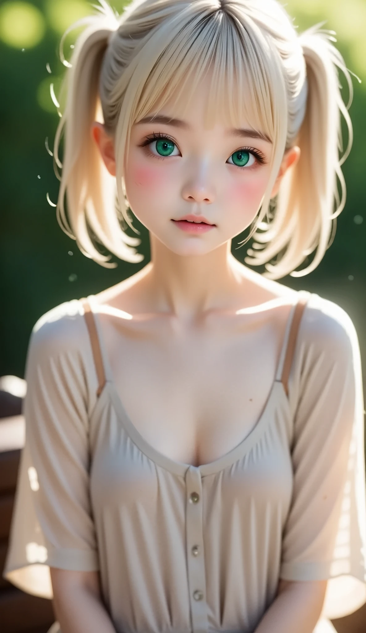 green eyes,  Very short stature , Very thin thighs， Summer clothes, Best Quality,(((Blonde twin-tailed girl))),(((  cute pose))),(((Cute voice))),Glasses, Shy Kagami Mochi、shrine， I can see that there are bruises and gestures，