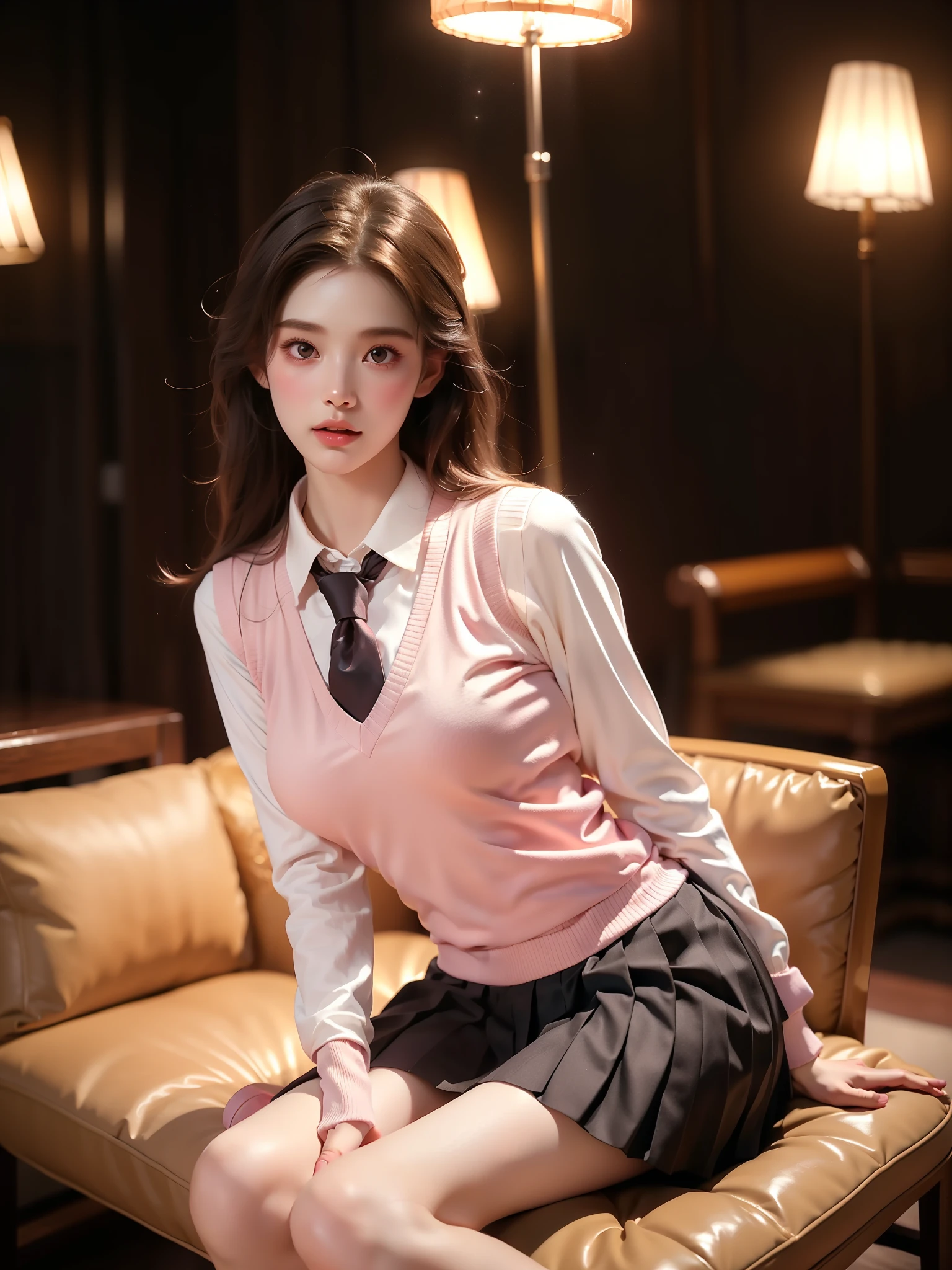 school uniform, necktie, backpack, pink vest, sweater vest, collared shirt, long sleeves, pleated skirt, pantyhose (((Full body))), ((elegant seated posture:1.4)), (natural and relaxed pose:1.2), slightly bent knees, sitting with legs extended gracefully, showcasing gentle curves and refined elegance. ((Pleated skirt with a very short hemline)), accentuating an (S-curve pose:1.3). (Long, slender legs), smooth and proportionate, enhancing a ((perfect figure)) and a (plump chest) with a ((flawless body ratio)). The skin has a (soft, delicate texture:1.2), exuding grace and sophistication. Ambient lighting enhances a (night view:1.3) with a (galactic background:1.2) filled with (stars:1.3), nebulas, cosmic dust, and gentle starlight. The scene captures a cinematic composition with professional movie-style lighting, shallow depth of field, and rendered in stunning 8k quality, a true masterpiece of professional photography.