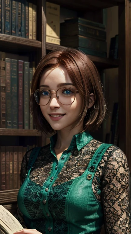  close-up,  upper body. Short, red hair, (green eyes:1.2),  glasses with metal frame , green blouse with buttons, smiling girl  . (masterpiece,  top quality,  Best quality,  official art ,  beautiful and aesthetic :1.2),  Extremely detailed ,( fractal art:1.2),Colorful,The most detailed, ( dynamic pose), (bookcase background :1.5), (lace:1.4). ((SPLIT. photorealism.  unreal engine .  Ultra high quality textures.  high detail .  8k resolution))