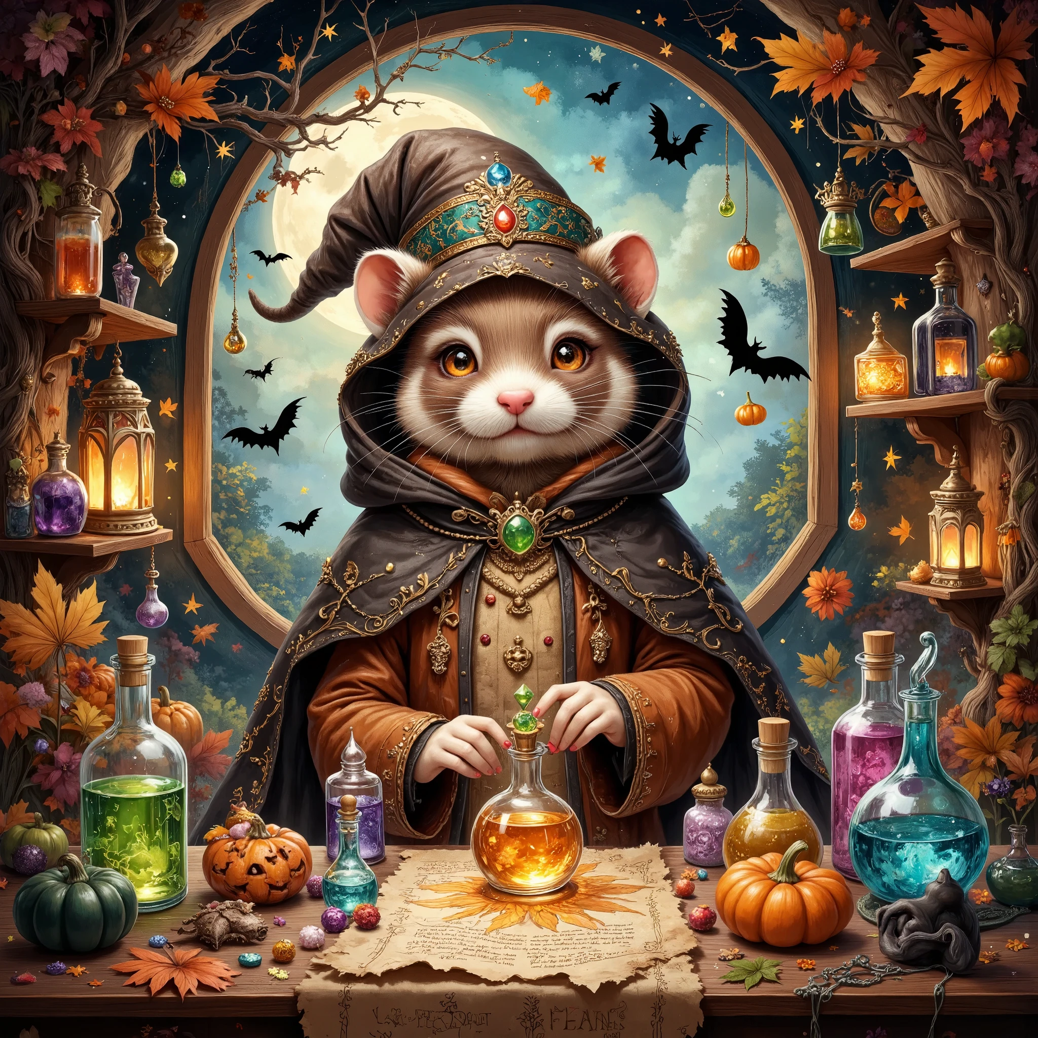 Amidst autumn’s embrace where foliage and whispers intertwine, lies the hidden nook of an inquisitive ferret, an intrepid alchemist wrapped warmly in a cloak of deep, earthly brown. (Its eyes, curious and alert, shine like polished citrine stones) beneath a not-too-gently slanted wizard's hat adorned with peacock feathers. The studio vibrates with an enigmatic aura, haunted softly by the energy of Halloween's mysterious revelry. Mirthful spirits frolic among ruby-tinted lanterns that line walls packed with parchment scrolls and a vast array of potion bottles infused with vivid concoctions that capture the impossible hues of dawn and dusk. Chartreuse, amethyst, and aquamarine liquids within dance to the tune of an unwritten spell. The ferret assembles reagents with nimble paws, crafting an elixir of joy that bursts into a myriad of colors, reflecting wild skies and the promise of laughter. There's a symphony of whispers—secrets translated by the eloquent whispers of a bard's unseen song. The boundaries between dreams and waking life blur into whirlpools of fantasy where time and space are no more than ephemeral accomplices in a dance of eternal laughter within the alchemist’s timeless atelier.