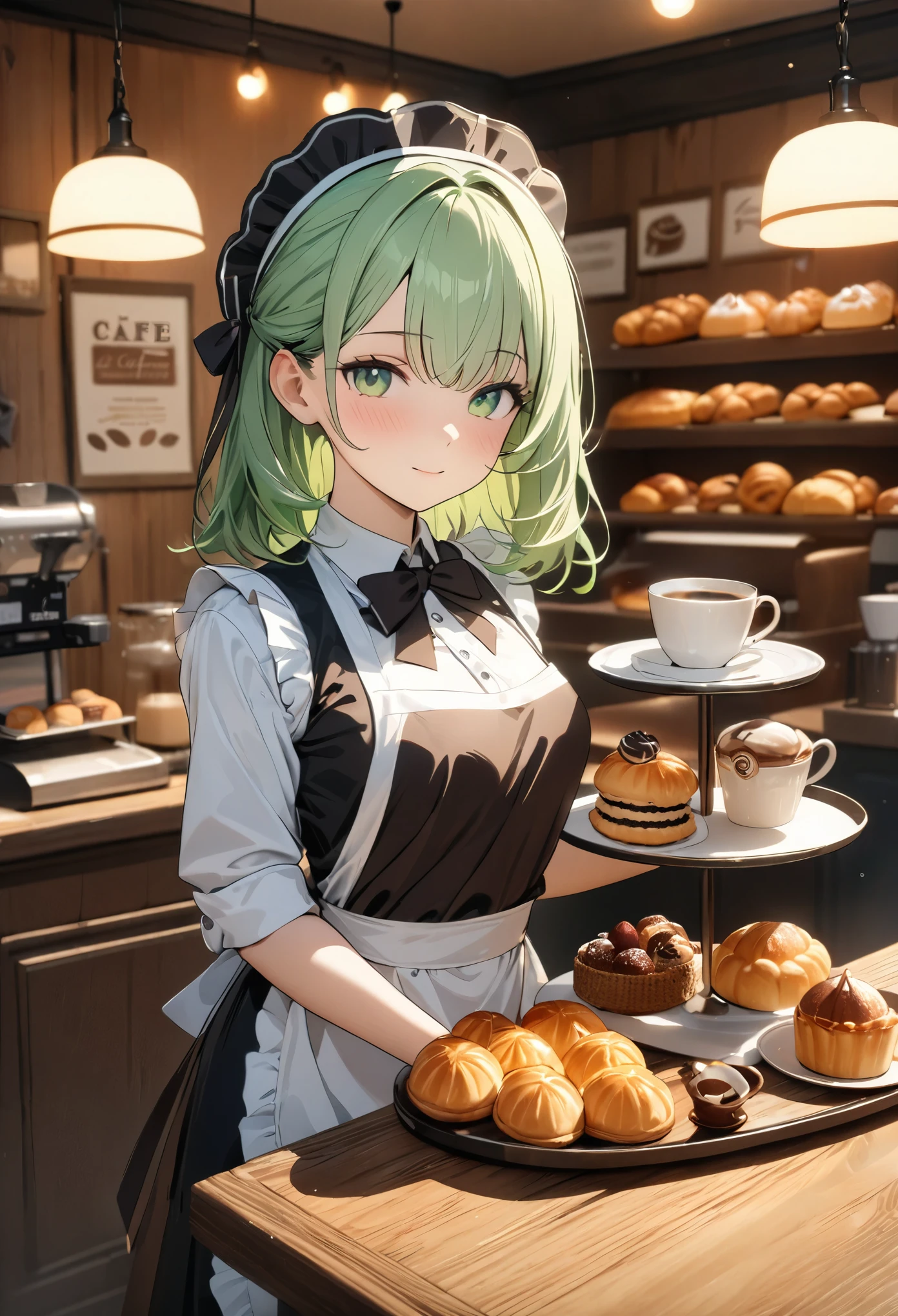 (((Best quality, 8k, Masterpiece: 1.3)), ((best quality)), ((masterpiece)), (detailed), perfect face, A young girl with short green hair wearing a small ribbon is working as a waitress in a cozy café. She is dressed in a classic waitress outfit with an apron and is carrying a tray with coffee and a pastry. The café has warm lighting, wooden tables, and a charming, vintage ambiance. The background includes coffee cups, pastries, and a welcoming counter area.