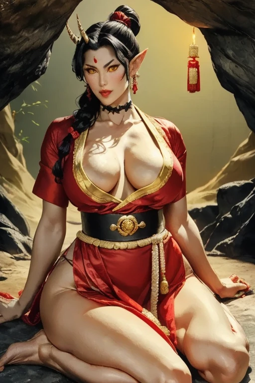 elegant oni woman with long silky black hair tied back with a copper hairpin, a horn in the middle of her forehead (unicorn), pointed ears, yellow eyes, full lips with small fangs, round face, wearing a Tokugawa-era Japanese peasant outfit, muscular, large bust, wide hips, thick thighs, barefoot, sitting on the floor of a dimly lit cave, strong and beautiful Oni creature from Japanese mythology, staring intently at the viewer