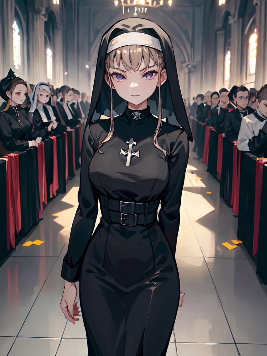 Def versia*, long sleeves, ((nun)), habit, nun, habit, dress, black dress, long dress, catholic , Thank You, short hair, braided hair, brown hair, violet eyes, Dark Church、Candlelight、Silence、Solemn atmosphere、Mysterious、Dim lighting、Shading Enhancement