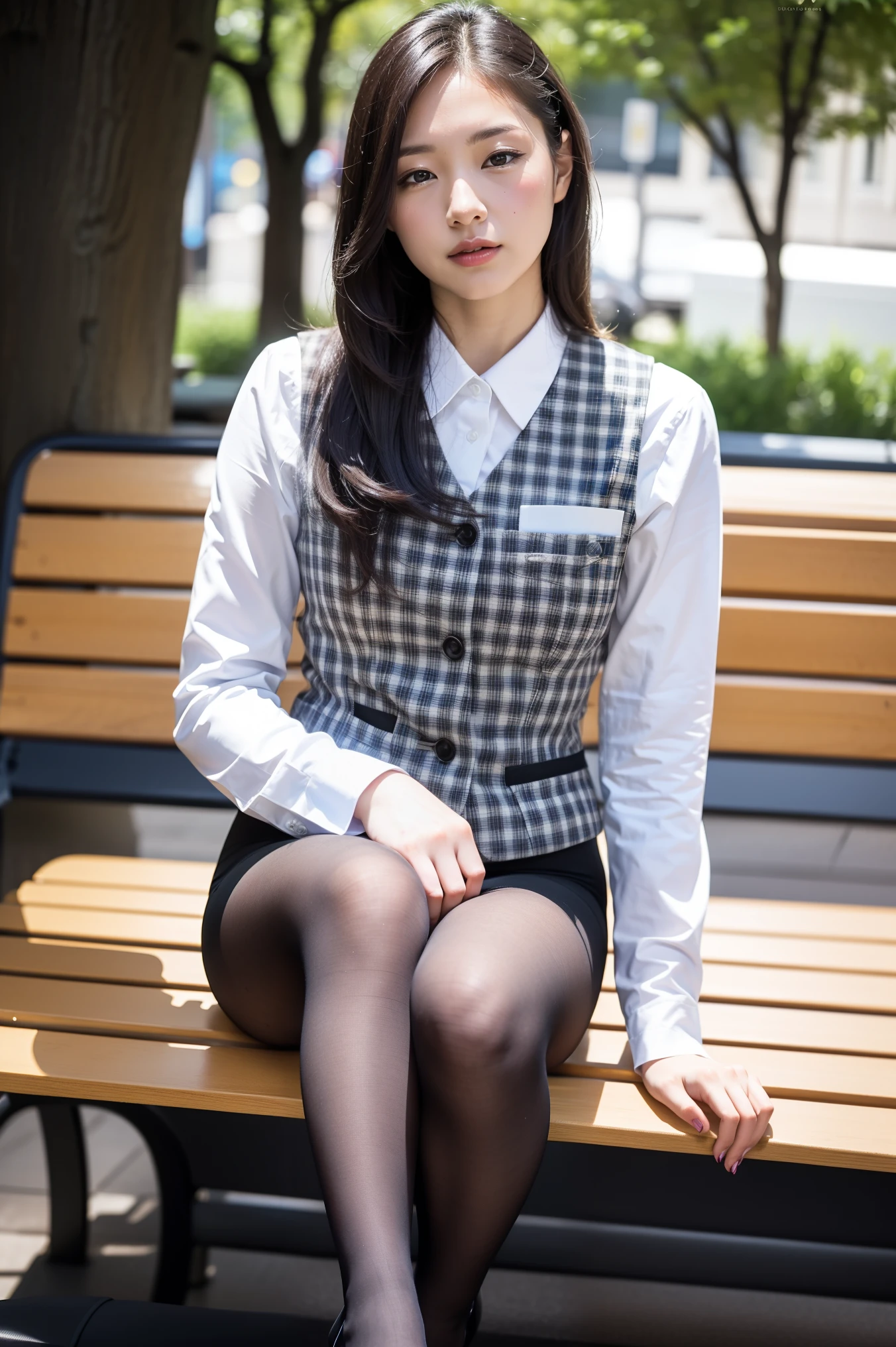 ulzzang-6500-v1.1, (RAW photo:1.2), ( photorealistic ), (Genuine:1.4), 1 girl、 perfect anatomy、42 years old、 looking at the camera、Medium-length hair、Checked vest、((Sitting on a bench:1.3))、( Super Realistic Pantyhose :1.2), ( High Heels )、( business services )、