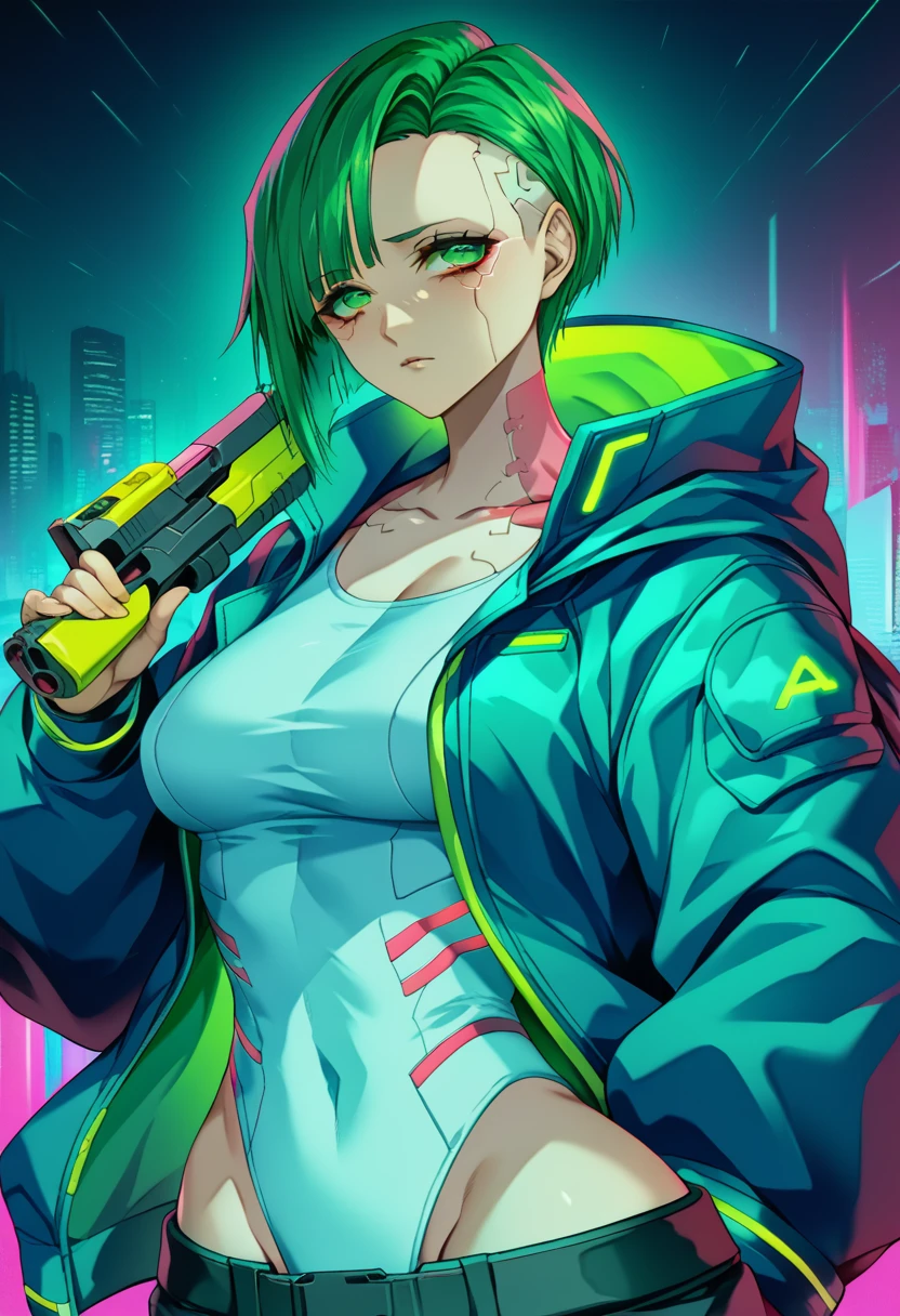 a woman with green eyes and a black jacket holding a gun, anime cyberpunk art, cyberpunk anime girl, best anime 4k konachan wallpaper, cyberpunk anime girl mech, female cyberpunk anime girl, cyberpunk anime art, anime style 4 k, digital cyberpunk anime art, cyberpunk anime girl in hoodie, anime wallpaper 4k, anime wallpaper 4 k, anime cyberpunk