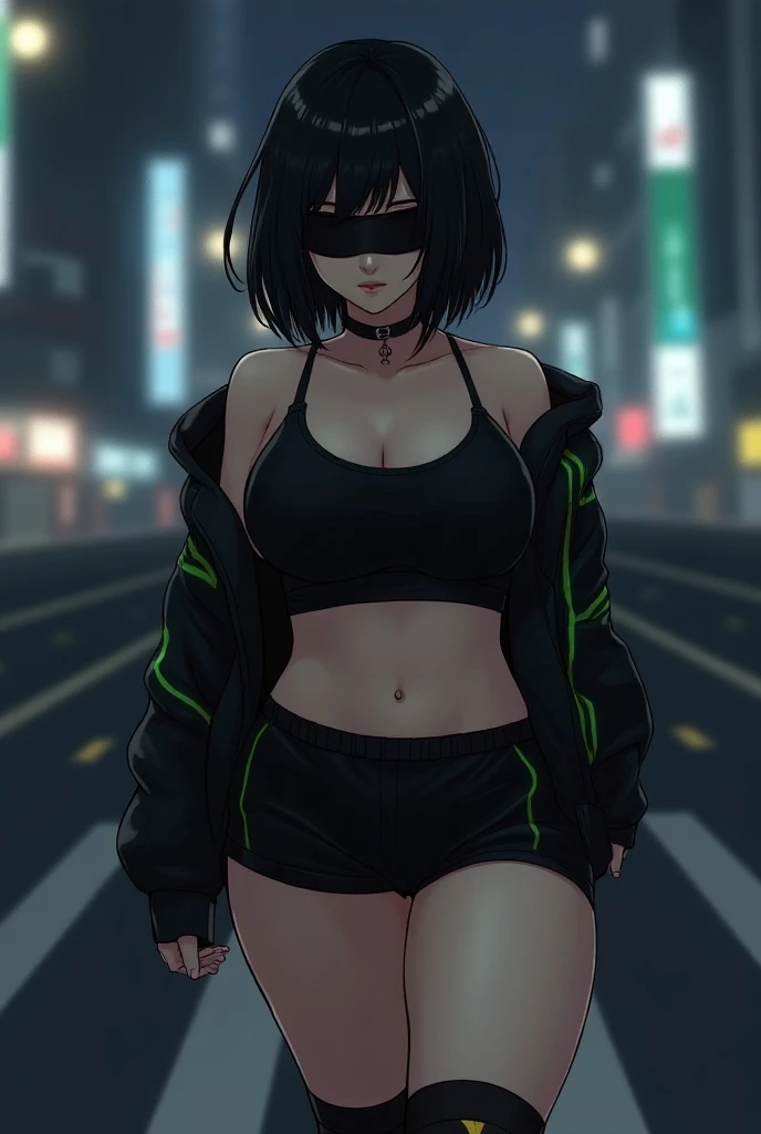 young woman, neck length black hair, wearing a black halter top and black leather shorts, squats, 